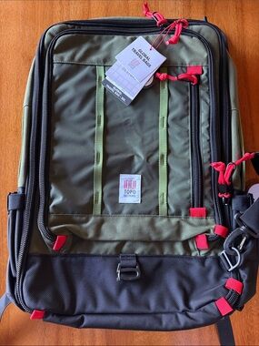 Topo Designs Olive Green and Black Backpack with Red Accents
